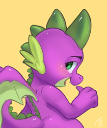 Size: 1148x1368 | Tagged: safe, artist:moondreamer16, spike, dragon, male, open mouth, pointing at self, profile, simple background, solo, winged spike, yellow background