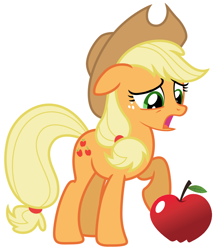 Size: 872x1024 | Tagged: safe, artist:estories, artist:fureox, derpibooru import, edit, applejack, earth pony, pony, apple, female, food, mare, open mouth, raised hoof, simple background, solo, white background