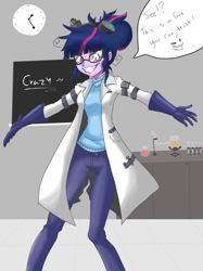 Size: 1936x2592 | Tagged: safe, artist:sketch-bro, sci-twi, twilight sparkle, equestria girls, chalkboard, clock, clothes, dialogue, female, glasses, gloves, goggles, grin, happy, insanity, lab coat, laboratory, looking at you, mad scientist, messy mane, pants, seems legit, shrunken pupils, smiling, smirk, solo, speech bubble, twilight snapple, vial, wide eyes