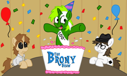 Size: 2477x1488 | Tagged: safe, artist:sketchymouse, oc, oc:blankedmind, oc:circuit mane, oc:d-pad, 100 episodes, cake, celebration, food, the brony show