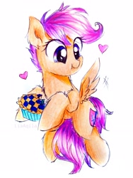 Size: 2322x3096 | Tagged: safe, artist:liaaqila, scootaloo, pegasus, pony, cute, cutealoo, female, filly, food, heart, pie, scootaloo can fly, simple background, solo, white background