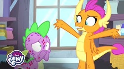 Size: 320x180 | Tagged: safe, artist:hasbro, screencap, smolder, spike, dragon, molt down, congratulations, covering mouth, dragoness, female, male, molting, my little pony logo, picture for breezies, puberty, raised arms, window