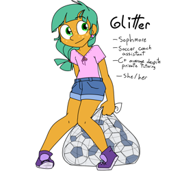 Size: 1500x1500 | Tagged: safe, artist:kryptchild, snails, equestria girls, ball, clothes, cute, denim shorts, ear piercing, earring, female, football, freckles, glitter shell, jewelry, male, piercing, shirt, shoes, shorts, sneakers, solo, sports, trans, trans girl, transgender, trap