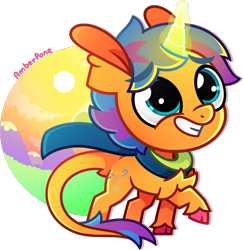 Size: 1354x1395 | Tagged: safe, artist:amberpone, oc, oc only, oc:quilling needle, unicorn, big head, blue eyes, chest fluff, clothes, colorful, cute, digital art, eyes open, food, fullbody, glowing horn, happy, lighting, looking up, magic, male, one leg raised, orange, paint tool sai, request, scarf, shading, simple background, smiling, stallion, sun, transparent background