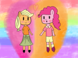 Size: 627x469 | Tagged: safe, artist:lisaloudleijon, applejack, pinkie pie, anthro, aggretsuko, applepie, chibi, date, female, gay pride flag, lesbian, lgbt, pride, sanrio, shipping