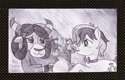 Size: 1024x654 | Tagged: safe, artist:animationfanatic, sandbar, yona, earth pony, pony, yak, bow, bowtie, cloven hooves, female, grayscale, hair bow, male, monkey swings, monochrome, pencil drawing, shipping, straight, teenager, traditional art, yonabar