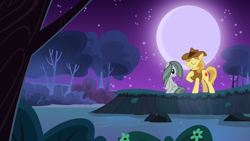 Size: 2063x1161 | Tagged: safe, braeburn, marble pie, braeble, crack shipping, creek, evening, female, forest, jon pardi, lyrics, lyrics in the description, male, moon, moonlight, night, outdoors, river, romance, scenery, serenade, shipping, singing, smiling, song reference, starry night, stars, straight, stream, text, tree, up all night, youtube link