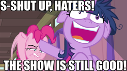 Size: 1024x576 | Tagged: safe, derpibooru import, edit, edited screencap, screencap, pinkie pie, twilight sparkle, twilight sparkle (alicorn), alicorn, earth pony, pony, a trivial pursuit, background pony strikes again, denial, floppy ears, impact font, meme, messy mane, op is a cuck, op is trying to start shit, twilight snapple