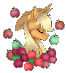 Size: 3047x3376 | Tagged: safe, artist:norrixcurral08, derpibooru import, part of a set, applejack, earth pony, pony, apple, applejack's hat, bust, cowboy hat, eyes closed, food, freckles, hat, portrait, signature, simple background, smiling, solo, transparent background