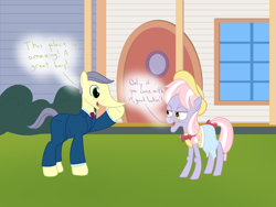 Size: 1600x1200 | Tagged: safe, artist:mightyshockwave, dusty pages, poneocchio, pony, the point of no return, apartment, big nose, clothes, hat, silver stable community, suit, summer dress, sun hat