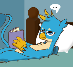 Size: 1864x1711 | Tagged: safe, artist:chedx, gallus, griffon, book, chest fluff, claws, cropped, cute, gallabetes, gallus is not amused, grin, male, reaction image, smiling, tail, unamused