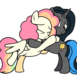 Size: 894x894 | Tagged: safe, artist:crayoncreates, artist:missxxfofa123, oc, oc only, oc:cheery candy, oc:tough cookie (ice1517), pegasus, pony, unicorn, base used, bipedal, cheerycookie, eyes closed, female, hug, lesbian, mare, multicolored hair, oc x oc, rainbow hair, raised leg, shipping, simple background, white background