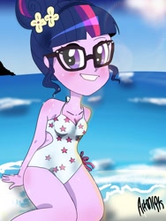 Size: 1800x2400 | Tagged: safe, artist:artmlpk, sci-twi, twilight sparkle, equestria girls, beach, blushing, clothes, cute, flower, flower in hair, smiling, solo, swimsuit, twiabetes