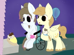 Size: 1600x1200 | Tagged: safe, artist:kalie0216, oc, oc:butter loaf, oc:hatchet, oc:soft spot, oc:sweet spot, pegasus, pony, balloon, basket, female, foal, male, newborn, pony in a basket, story included, suprised look, wheelchair