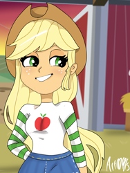 Size: 1800x2400 | Tagged: safe, artist:artmlpk, applejack, equestria girls, barn, cute, design, farm, female, jackabetes, smugjack, solo, sunset