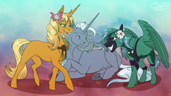 Size: 1790x1000 | Tagged: safe, artist:sunny way, oc, oc only, oc:crimson fate, oc:northern lights, oc:upbeat camelia, pegasus, pony, unicorn, cute, female, flower, group, male, mare, open mouth, rcf community, smiling, stallion