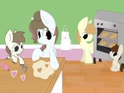 Size: 2000x1500 | Tagged: safe, artist:kalie0216, oc, oc:butter loaf, oc:cookie dough, oc:hatchet, oc:soft spot, oc:sweet spot, pegasus, pony, apron, blushing, clothes, cookie cutter, female, food, frosting, kitchen, male, oven, pastry