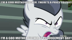 Size: 640x361 | Tagged: safe, edit, edited screencap, editor:undeadponysoldier, screencap, rumble, pegasus, pony, marks and recreation, angry, badass, bleachers, caption, colt, cute, discovery family logo, edgy, hollywood undead, image macro, johnny 3 tears, looking at you, lyrics, male, open mouth, rap-rock, rumblebetes, savage, serious, serious face, song reference, text, undead (song), vulgar