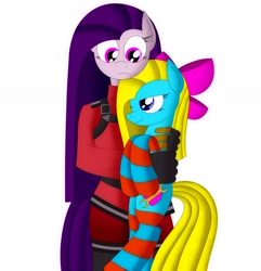 Size: 1920x1991 | Tagged: safe, artist:visionwing, oc, oc:cuteamena, oc:visionmena, anthro, pony, anthro with ponies, bow, clothes, confused, female, holding a pony, looking at each other, mother and child, mother and daughter, parent and child, simple background, smug, socks, white background