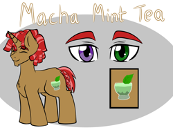 Size: 1600x1200 | Tagged: safe, artist:jolliapplegirl, oc, oc:macha mint tea, pony, unicorn, bio, heterochromia, male, next generation, parent:tree hugger, parent:trenderhoof, parents:trendhugger, solo, stallion