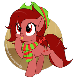 Size: 1809x1843 | Tagged: safe, artist:raspberrystudios, oc, oc only, oc:cherry, earth pony, pony, :p, bow, clothes, cute, female, freckles, hair bow, hat, mare, ocbetes, scarf, solo, tongue out