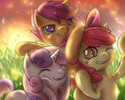 Size: 1500x1200 | Tagged: safe, artist:roya, apple bloom, scootaloo, sweetie belle, earth pony, pegasus, pony, unicorn, adorabloom, bow, colored pupils, cute, cutealoo, cutie mark crusaders, diasweetes, eyes closed, female, filly, hair bow, one eye closed, pixiv, smiling, trio, wink