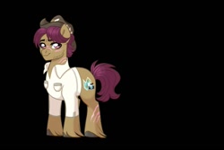 Size: 1080x720 | Tagged: safe, artist:evergreen-gemdust, snap shutter, pony, the last crusade, black background, clothes, scar, shirt, simple background, solo