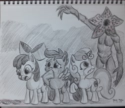Size: 2819x2448 | Tagged: safe, artist:rockhoppr3, apple bloom, scootaloo, sweetie belle, pony, crossover, cutie mark crusaders, demogorgon, glasses, monochrome, stranger things, traditional art