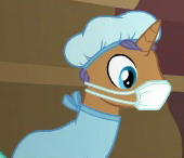 Size: 170x146 | Tagged: safe, screencap, pony, unicorn, where the apple lies, background pony, clothes, cropped, deep study, face mask, hair net, male, scrubs (gear), solo, stallion, surgical mask