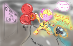 Size: 879x561 | Tagged: safe, artist:retl, derpibooru import, pinkie pie, oc, oc only, oc:puppysmiles, earth pony, pony, fallout equestria, fallout equestria: pink eyes, balloon, billboard, bomb, environmental suit, fanfic art, gun, speech bubble, weapon