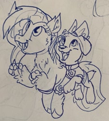 Size: 1525x1686 | Tagged: safe, artist:rainbow eevee, silverstream, dog, hippogriff, cheering, collar, crossover, ink, jumping, lineart, looking up, open mouth, paw patrol, paws, puppy, smiling, traditional art, zuma