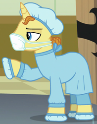 Size: 533x680 | Tagged: safe, screencap, pony, unicorn, where the apple lies, background pony, clothes, cropped, doctor, extra care, face mask, hair net, male, raised hoof, scrubs (gear), solo, stallion, surgical mask