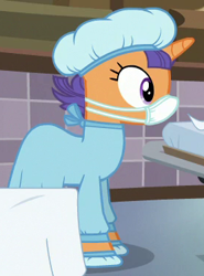 Size: 277x375 | Tagged: safe, screencap, pony, unicorn, where the apple lies, background pony, clothes, cropped, face mask, female, hair net, mare, scrubs (gear), solo, surgical mask, tender care