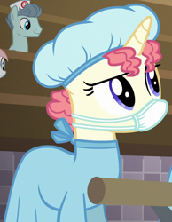 Size: 616x795 | Tagged: safe, screencap, pony, unicorn, where the apple lies, background pony, clothes, cropped, face mask, female, hair net, mare, ratchet (character), scrubs (gear), solo focus, surgical mask