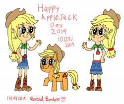 Size: 2091x1760 | Tagged: safe, artist:royalsmurf, artist:smurfettyblue, applejack, earth pony, pony, better together, equestria girls, applejack day, happy birthday mlp:fim, human ponidox, jackletree, mlp fim's ninth anniversary, multeity, red text, self ponidox, signature, simple background, white background