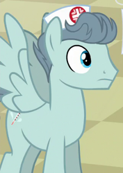 Size: 322x455 | Tagged: safe, screencap, pegasus, pony, where the apple lies, background pony, cropped, doctor high fever, hat, male, solo, spread wings, stallion, wings