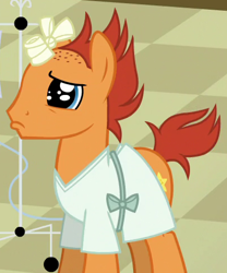 Size: 404x486 | Tagged: safe, screencap, pony, unicorn, where the apple lies, background pony, bandaged horn, broken horn, cropped, falling star (character), hooves, horn, hospital gown, male, sad, solo, stallion