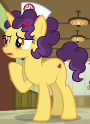 Size: 524x720 | Tagged: safe, screencap, pony, unicorn, where the apple lies, background pony, cropped, female, hat, lolli love, mare, nurse, nurse heartstick, raised hoof, solo