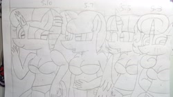 Size: 5312x2992 | Tagged: safe, artist:徐詩珮, fizzlepop berrytwist, glitter drops, spring rain, tempest shadow, twilight sparkle, twilight sparkle (alicorn), alicorn, anthro, unicorn, broken horn, female, glitterlight, glittershadow, horn, lesbian, lineart, mare, polyamory, shipping, size comparison, sprglitemplight, springdrops, springlight, springshadow, springshadowdrops, tempestlight, traditional art