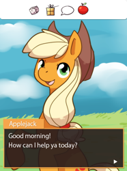 Size: 410x552 | Tagged: safe, artist:kuschelig, derpibooru import, applejack, earth pony, pony, cutie mark, dialogue, fake game screenshot, female, looking at you, mare, mockup, open mouth, raised hoof, sitting, smiling, solo, speech, talking to viewer, video game