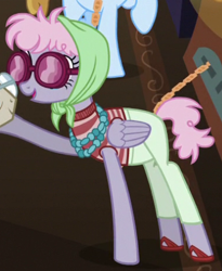 Size: 380x464 | Tagged: safe, screencap, pacifica, pegasus, pony, viva las pegasus, background pony, clothes, cropped, female, headscarf, mare, pants, raised hoof, scarf, solo focus, sunglasses