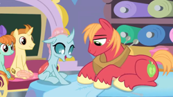 Size: 1600x900 | Tagged: safe, screencap, big macintosh, golden crust, ocellus, peppermint goldylinks, changedling, changeling, earth pony, pony, a horse shoe-in, classroom, fabric, friendship student, male, rolls, sewing, sofa, stallion, teenager