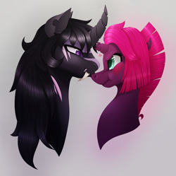 Size: 2480x2474 | Tagged: safe, artist:wixi2000, fizzlepop berrytwist, tempest shadow, oc, oc:dark, original species, pony, alternate hairstyle, blushing, blushing profusely, broken horn, bust, canon x oc, coat markings, commission, curved horn, fangs, female, gray background, heart, horn, looking at each other, male, mare, profile, scrunchy face, simple background, smiling, stallion, straight