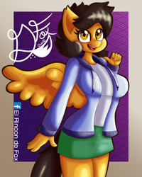 Size: 1000x1250 | Tagged: safe, artist:thedamneddarklyfox, oc, oc:dany melody, anthro, pegasus, clothes, cute, female, hoodie, looking at you, mare, miniskirt, ocbetes, skirt, smiling, thighs, wings