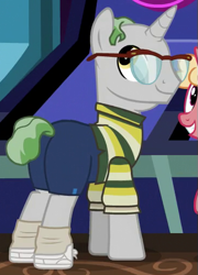 Size: 365x507 | Tagged: safe, screencap, pony, unicorn, viva las pegasus, background pony, balding, clothes, cropped, glasses, male, shorts, solo focus, stallion