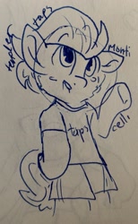 Size: 1929x3133 | Tagged: safe, artist:rainbow eevee, tender taps, pony, clothes, cute, ink, lineart, male, open mouth, raised hoof, shorts, smiling, solo, traditional art