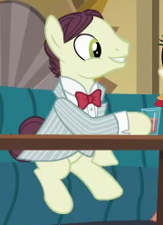 Size: 180x248 | Tagged: safe, screencap, earth pony, pony, dungeons and discords, background pony, bowtie, clothes, cropped, male, sitting, solo, stallion, suit, unnamed pony