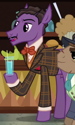 Size: 275x460 | Tagged: safe, screencap, earth pony, pony, dungeons and discords, background pony, bowtie, clothes, cropped, drinking glass, facial hair, hoof hold, jacket, lanky, male, moustache, pencil moustache, solo focus, stallion, unnamed pony