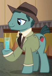 Size: 305x444 | Tagged: safe, screencap, earth pony, pony, dungeons and discords, background pony, clothes, cropped, drinking glass, hat, hoof hold, male, solo, stallion, suit, unnamed pony