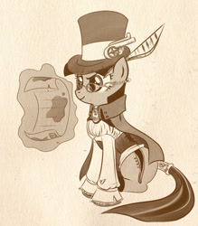 Size: 603x689 | Tagged: safe, artist:bunnimation, twilight sparkle, pony, unicorn, brown background, cape, clothes, female, glasses, hat, high res, magic, mare, monochrome, photoshop, simple background, sitting, solo, steampunk, tail wrap, top hat